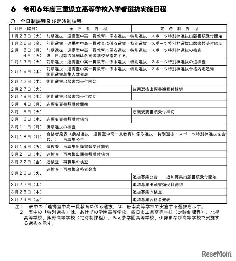 2024年度三重県立高等学校入学者選抜実施日程 （全日制・定時制課程）
