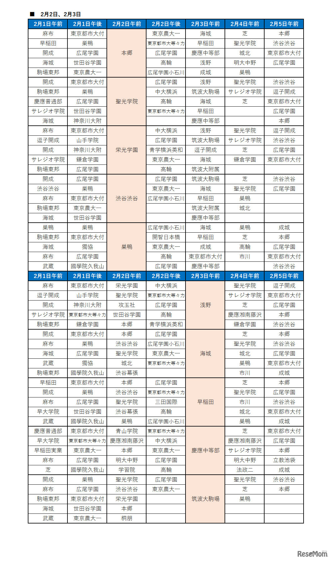 SAPIX併願パターン　2月2日・3日試験校（男子）