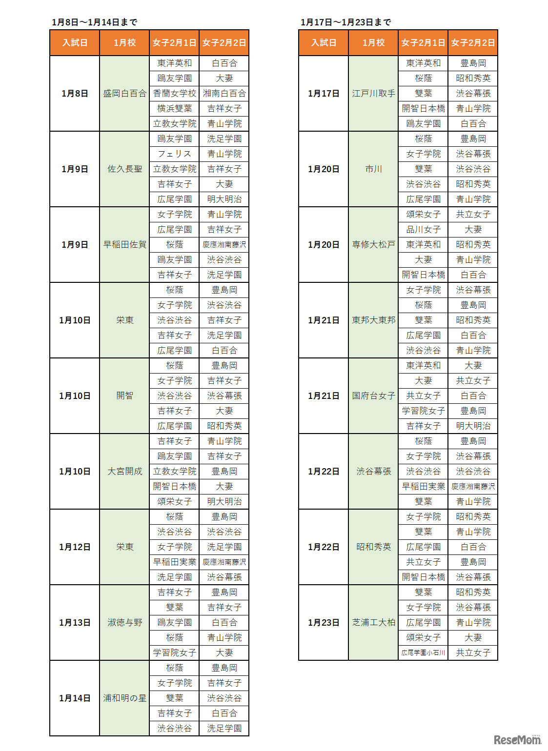 SAPIX併願パターン　1月試験校（女子）