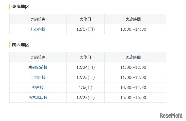 東海・関西地区の会場と日程