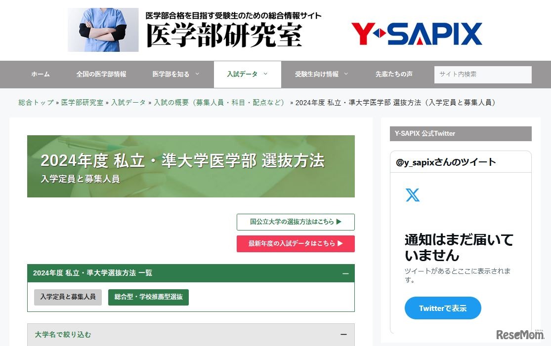 2024年度私立・準大学医学部選抜方法（入学定員と募集人員）