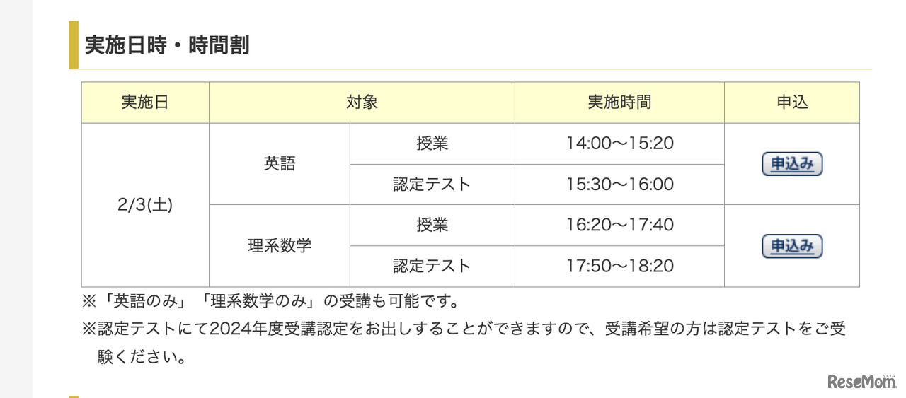 実施日時・時間割