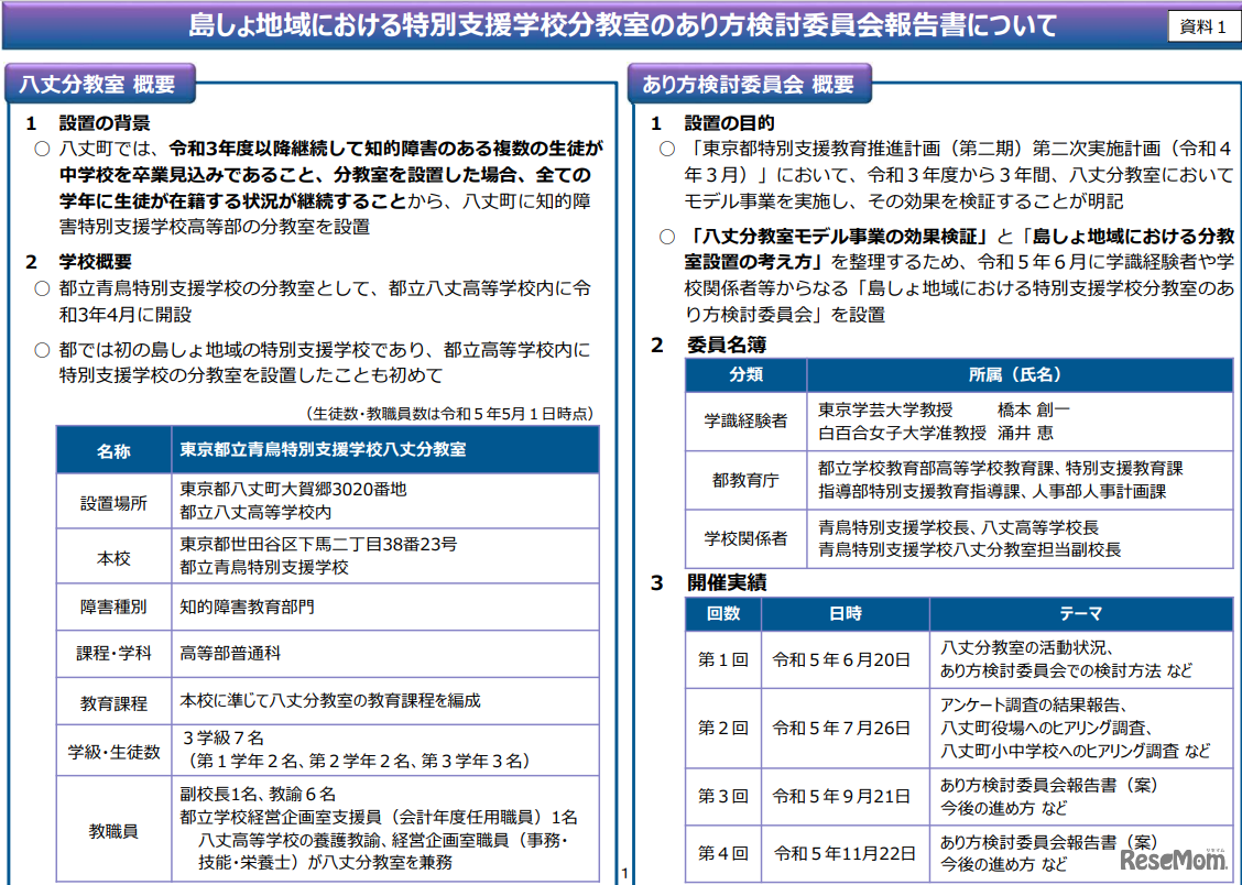 島しょ地域における特別支援学校分教室のあり方検討委員会報告書について