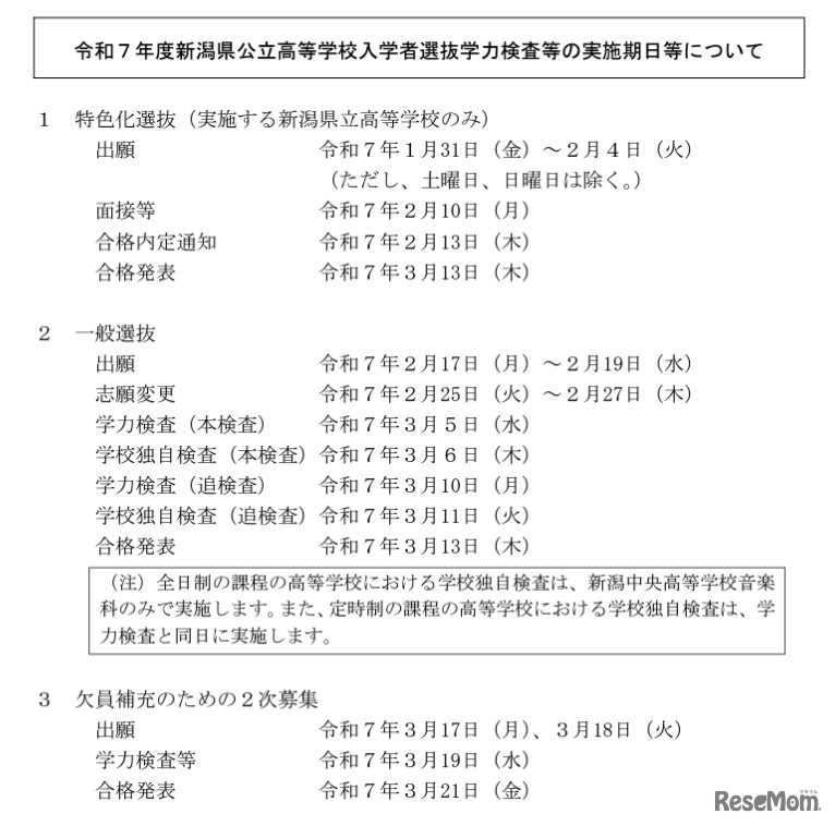 令和7年度新潟県公立高等学校入学者選抜学力検査等の実施期日など