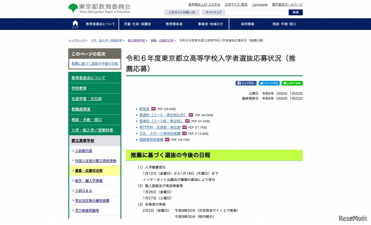 令和6年度東京都立高等学校入学者選抜応募状況（推薦応募）