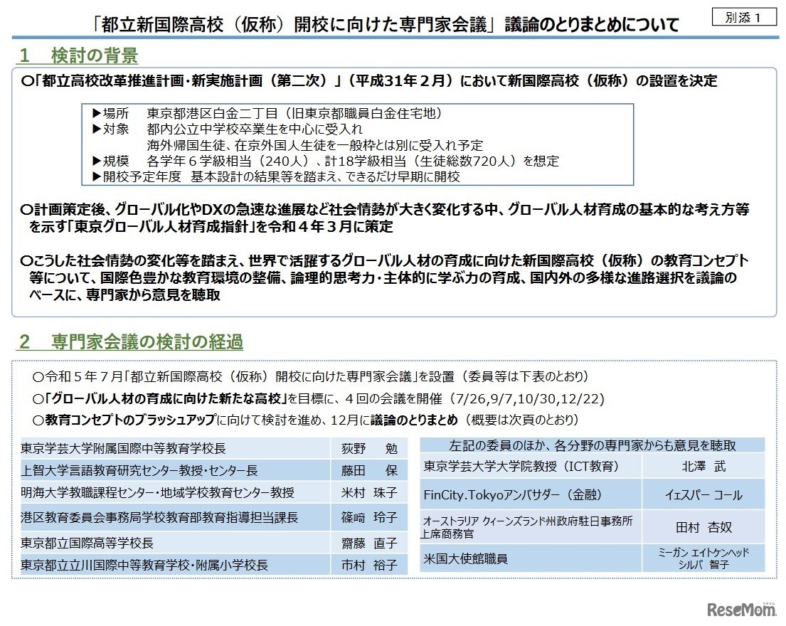 「都立新国際高校（仮称）開校に向けた専門家会議」議論のとりまとめ（概要版）