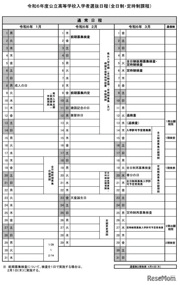 令和6年度公立高等学校入学者選抜日程（全日制・定時制課程）