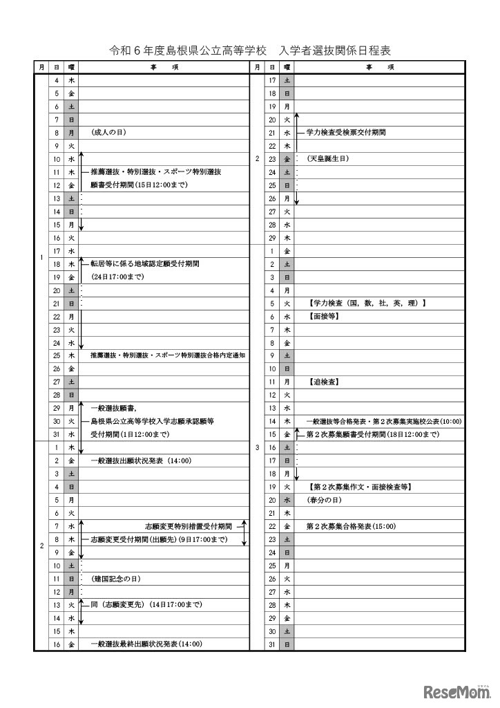 令和6年度島根県公立高等学校　入学者選抜関係日程表