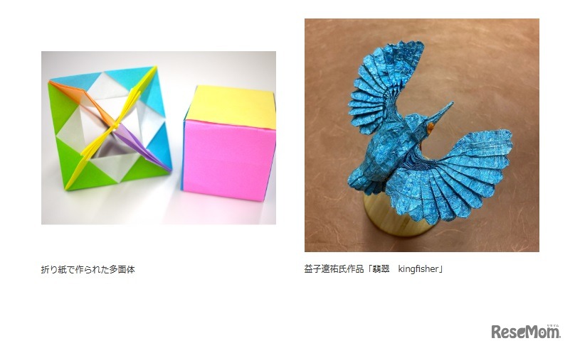 折り紙で作られた多面体（左）と益子遼祐氏作品「翡翠 kingfisher」（右）