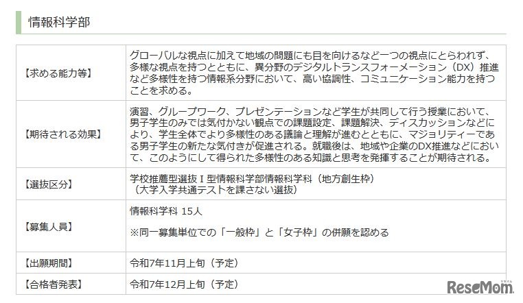 情報科学部の女子枠の概要