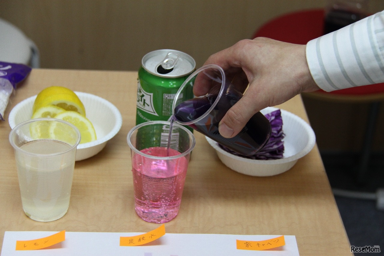 炭酸水に紫キャベツの煮汁を加えたところ。酸性の場合は赤くなる