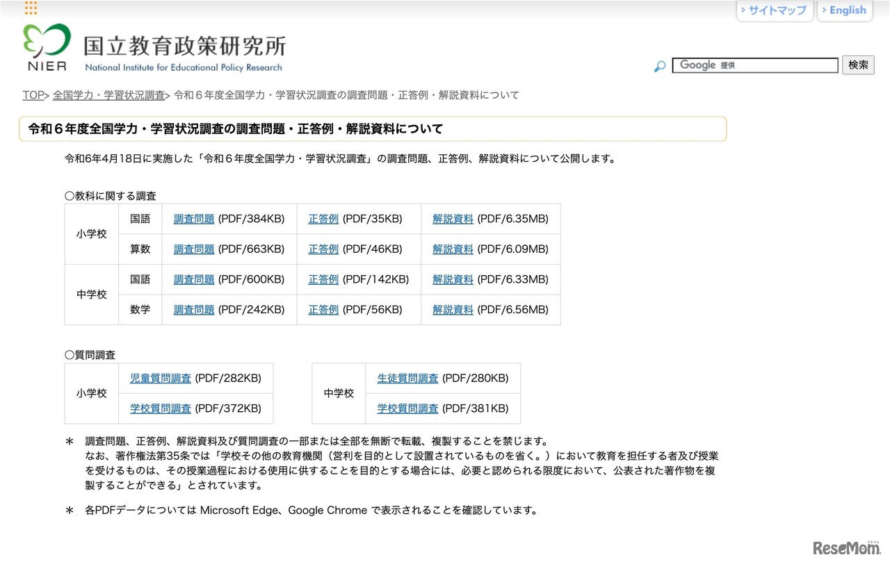 令和6年度全国学力・学習状況調査の調査問題・正答例・解説資料について