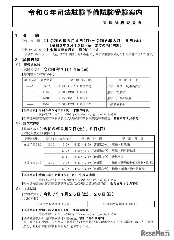 令和6年司法試験予備試験受験案内