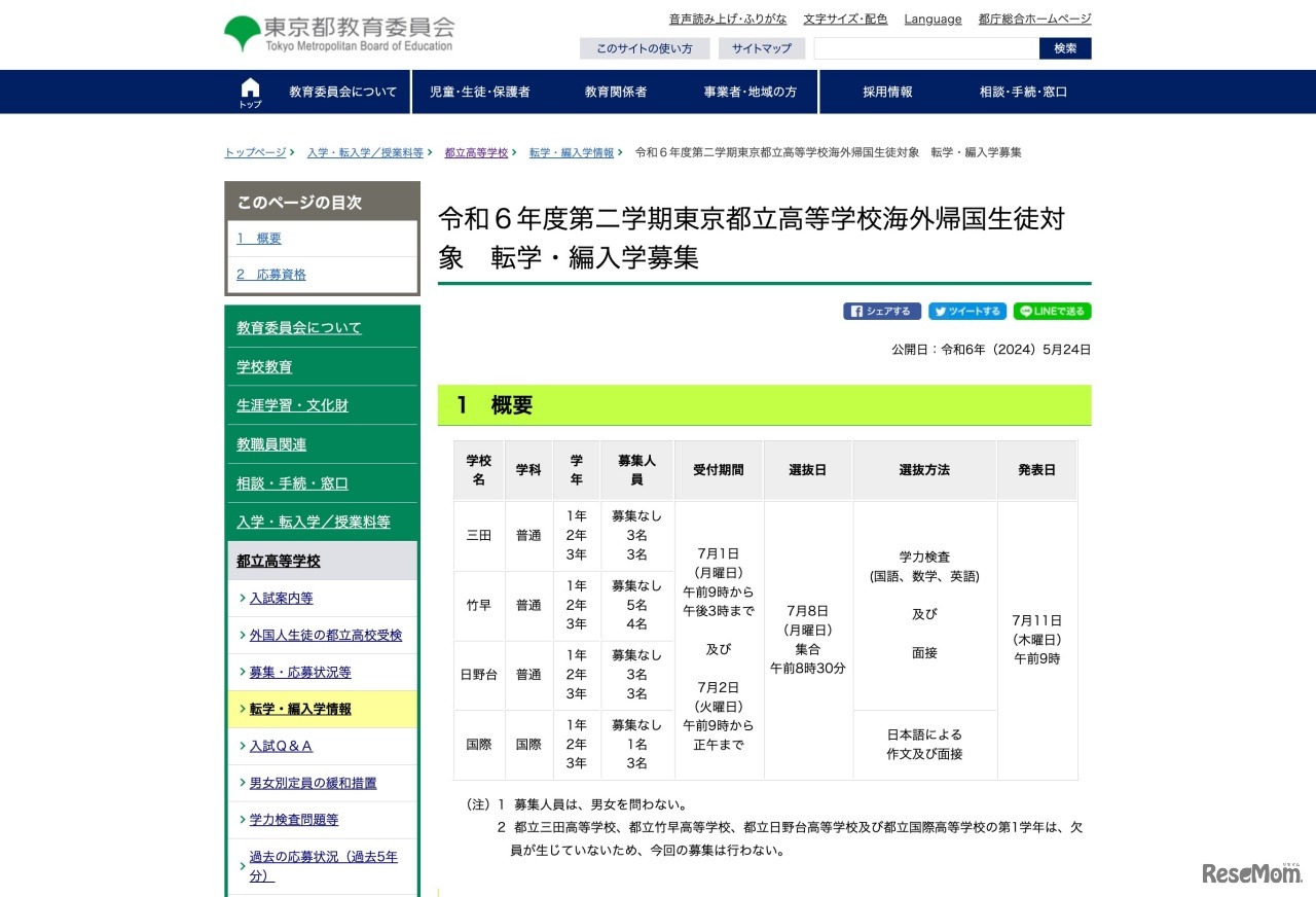 令和6年度　第2学期東京都立高等学校海外帰国生徒対象 転学・編入学募集