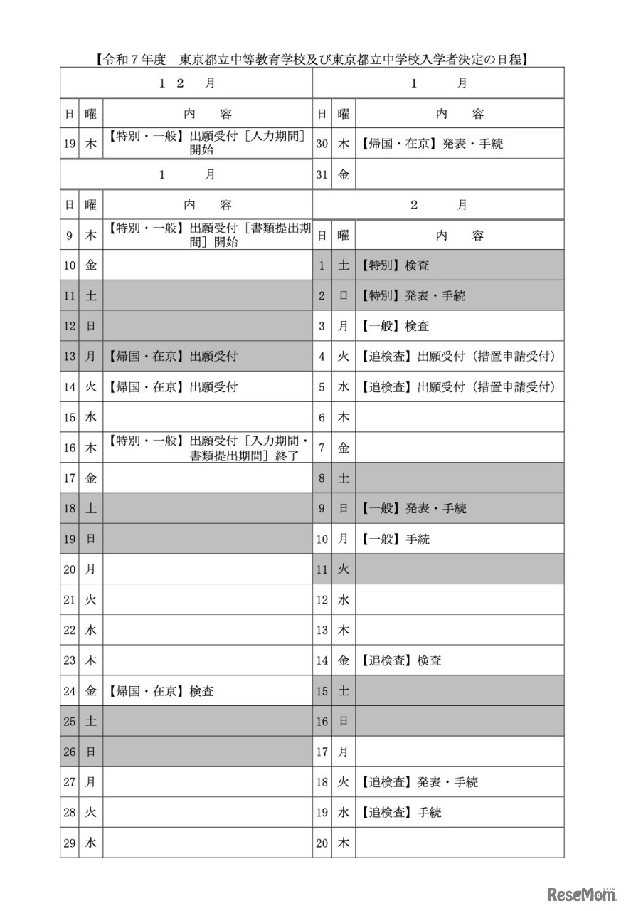 令和7年度 東京都立中等教育学校および東京都立中学校入学者決定の日程