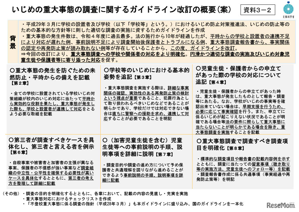いじめの重大事態の調査に関するガイドライン改訂の概要（案）