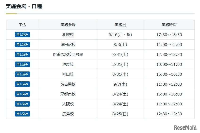 「情報I」夏期・特別講演会 実施会場・日程