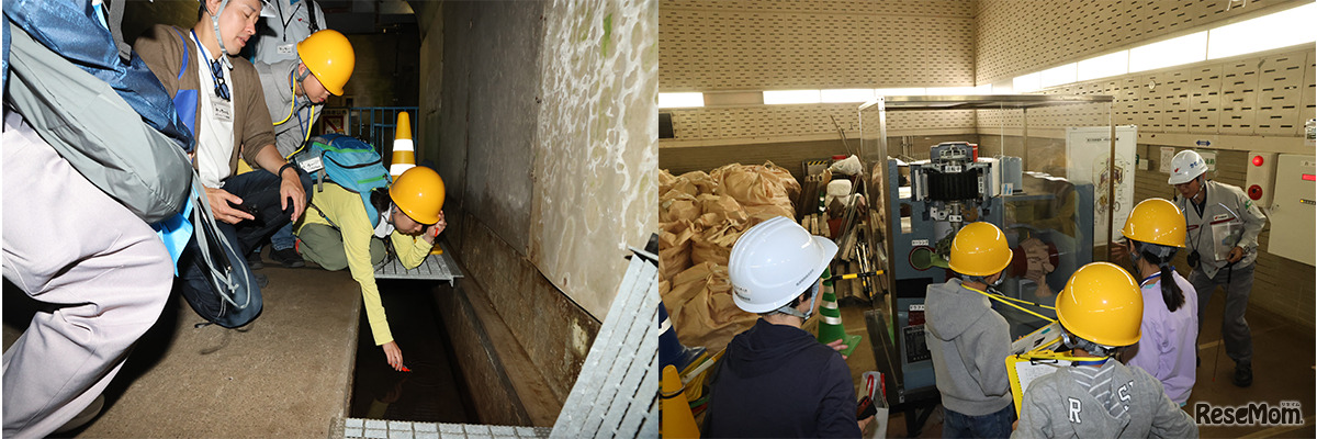 冷たい側溝の水を触って確認。模型を見る子供たちのまなざしは真剣