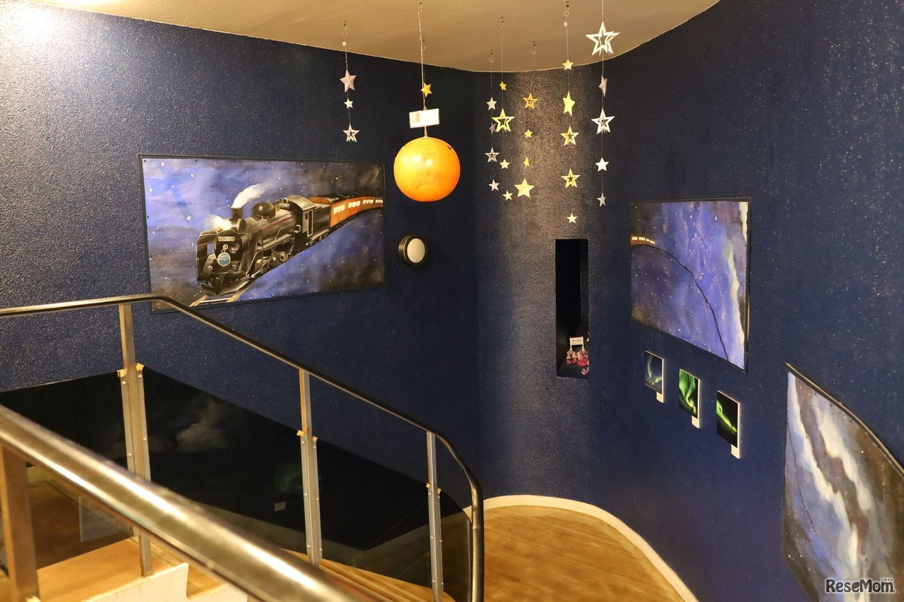2階のプラネタリウムに向かう階段壁面の宇宙にちなんだ内装