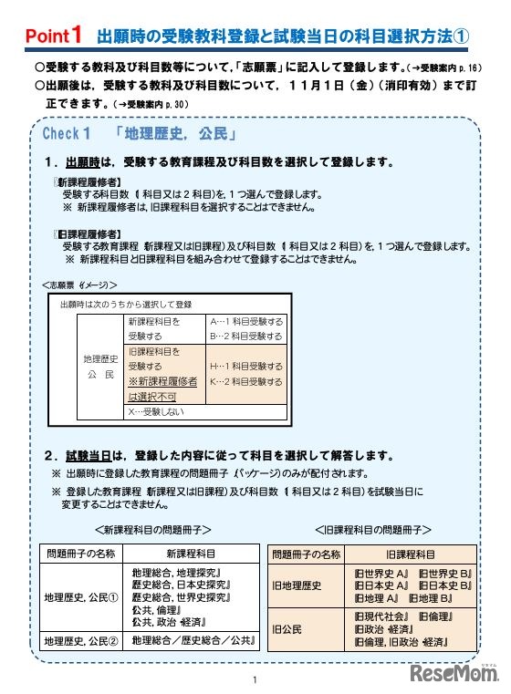 出願時の受験教科登録と試験当日の科目選択方法