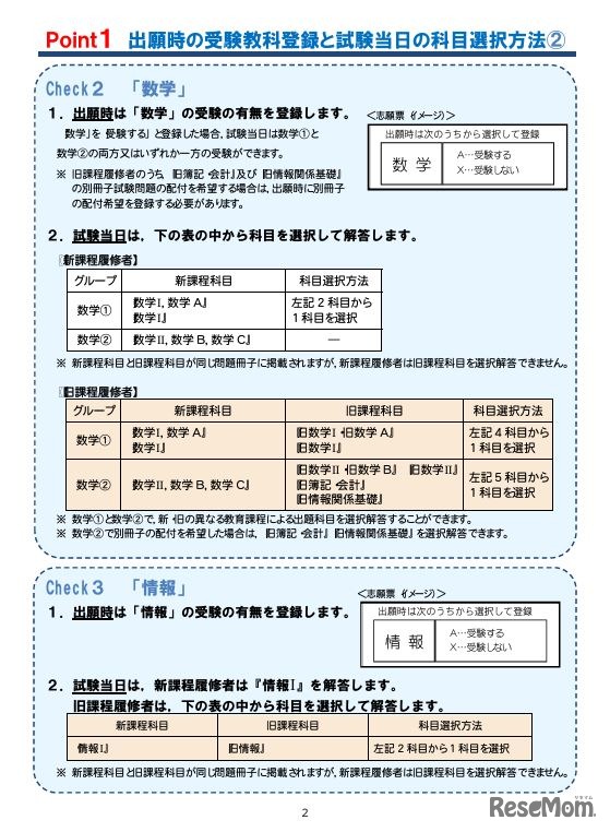 出願時の受験教科登録と試験当日の科目選択方法
