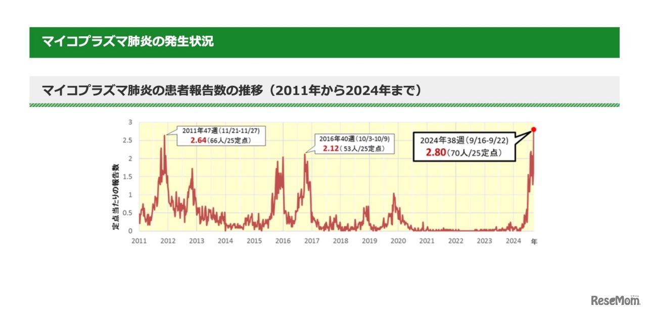 マイコプラズマ肺炎の患者報告数の推移（2011年から2024年まで）