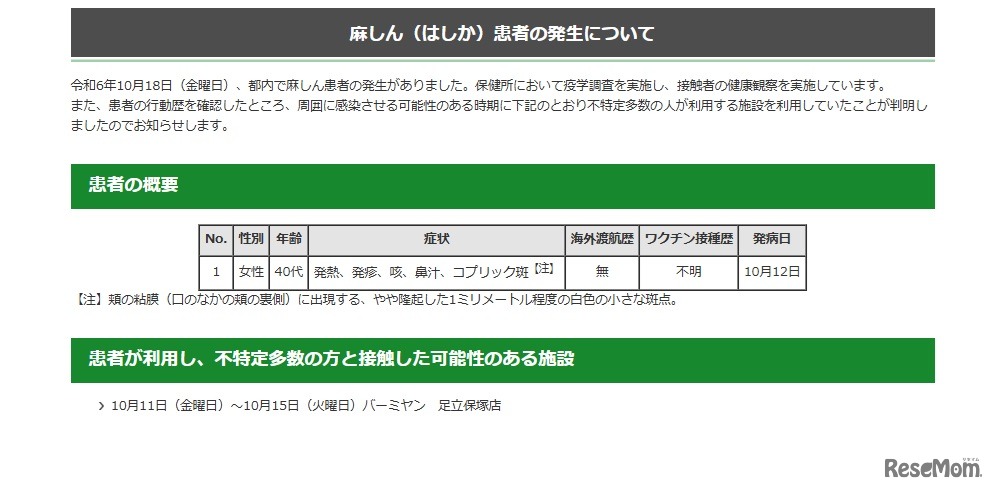 麻しん（はしか）患者の発生について