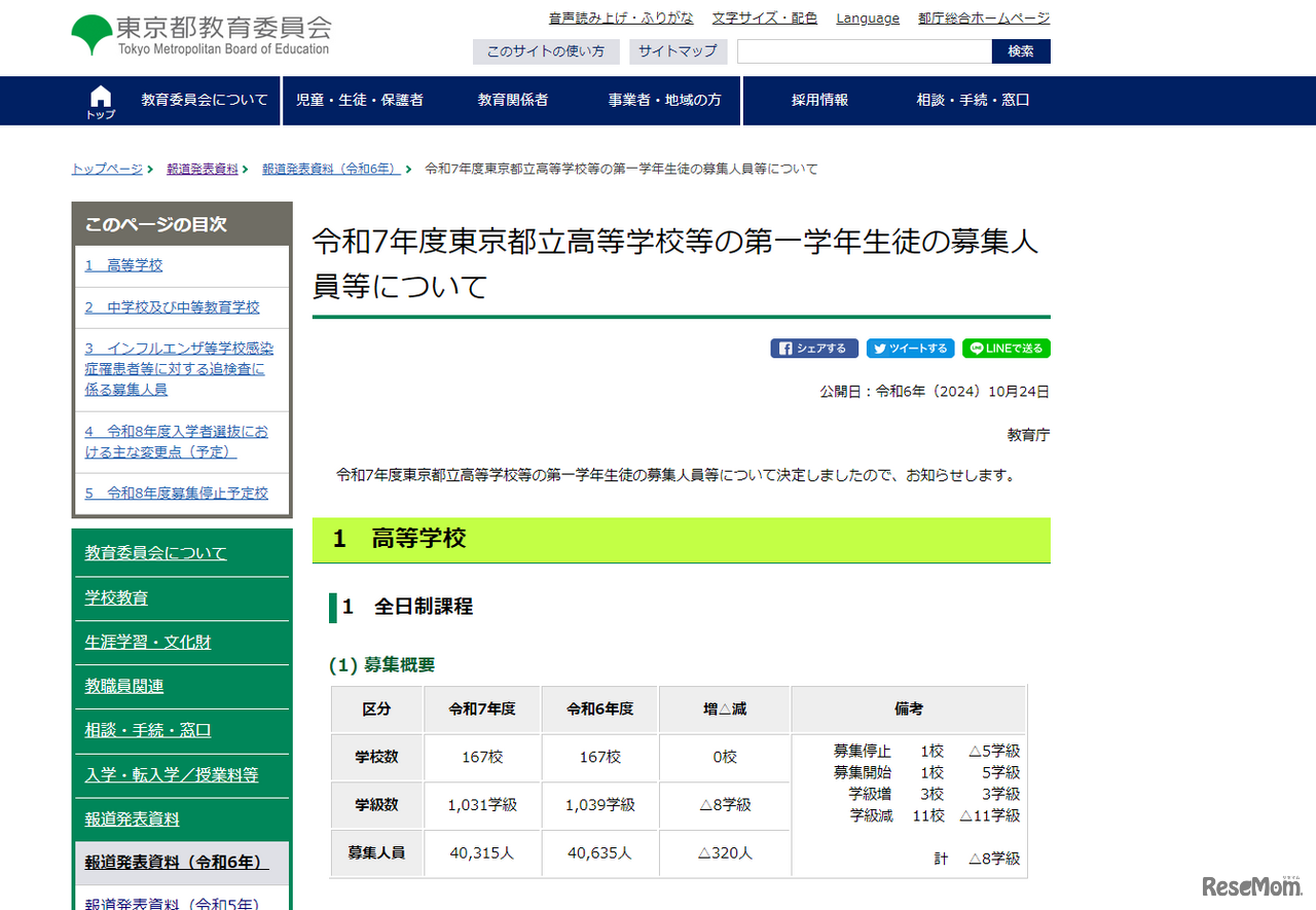 令和7年度東京都立高等学校等の第一学年生徒の募集人員等について