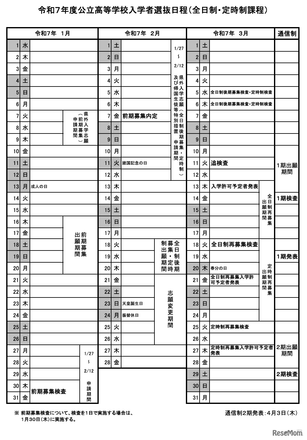2025年度山梨県公立高等学校入学者選抜日程
