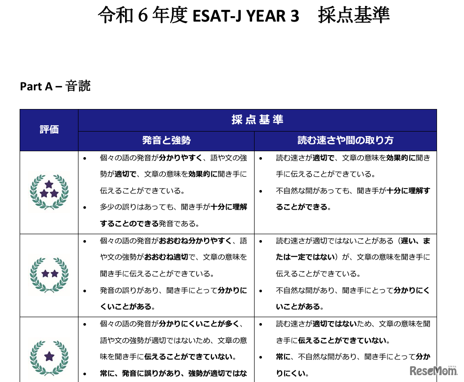令和6年度ESAT-J YEAR 3 採点基準（一部抜粋）