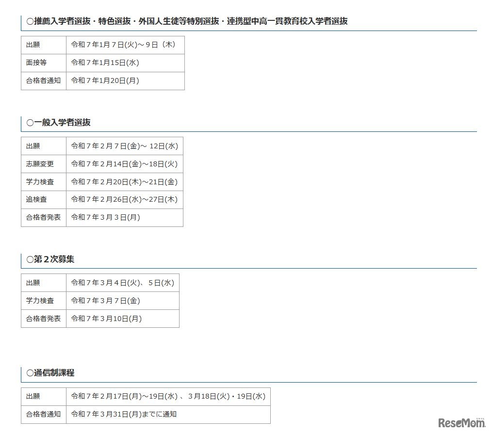 令和7年度福井県立高等学校入学者選抜の日程