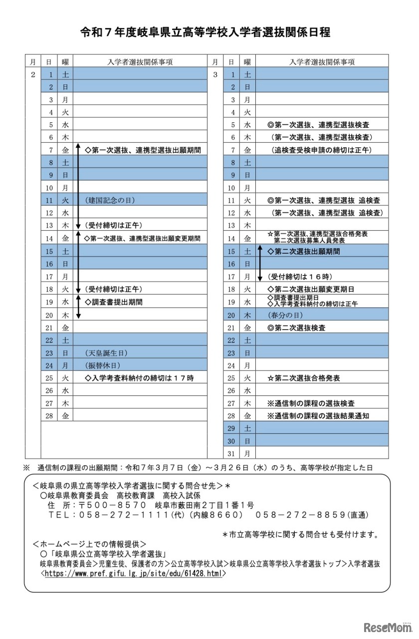 令和7年度 岐阜県立高等学校入学者選抜関係日程