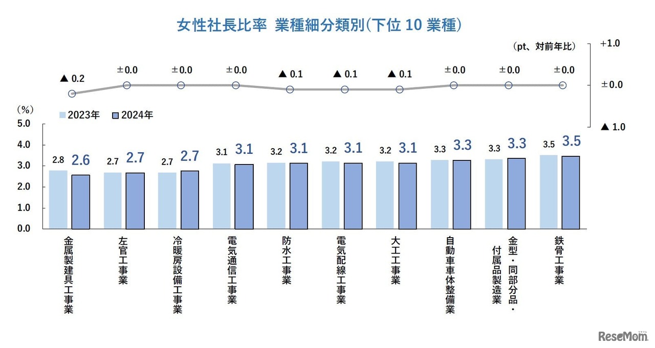女性社長比率　業種細分類別（下位10業種）