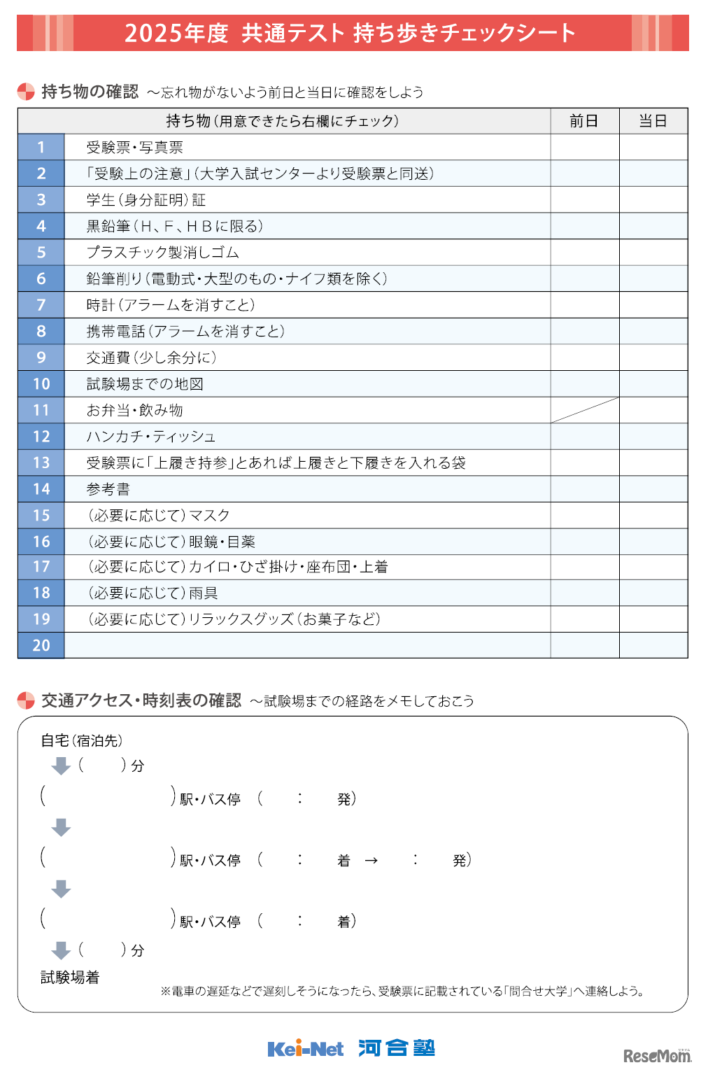 持ち歩きチェックシート（一部）