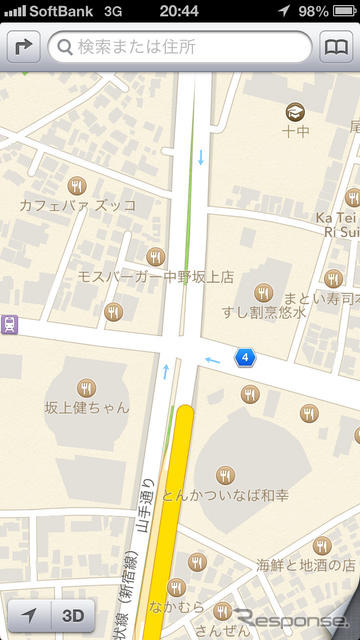iPhone 5から採用されるiOS 6の新しい地図。Appleが開発・提供するものだが、地図内の情報が少なくなってしまった。特に交差点情報や駅の情報などがなくなってしまったのは歩行者としても使いにくいだろう。