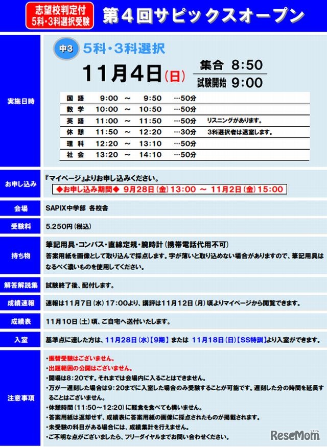 中3生対象「サピックスオープン」