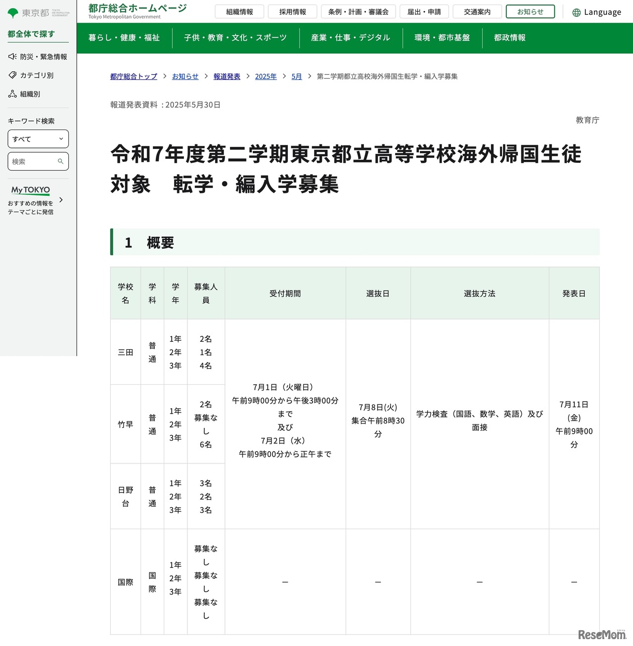 令和7年度 第2学期都立高校海外帰国生徒対象 転学・編入学募集