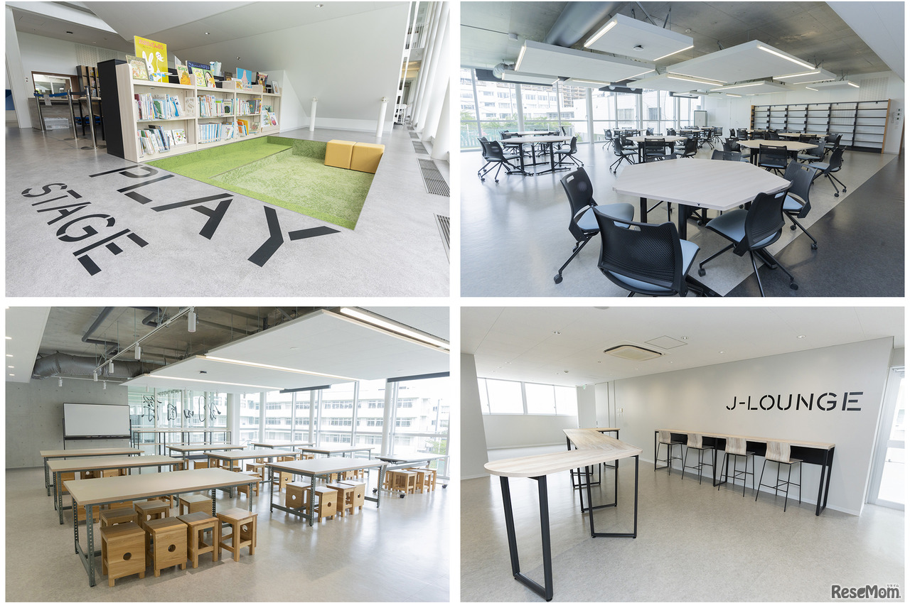 校舎内にはさまざまなStageがあり、外の光が差し込む明るい学びの場となっている。K-STEP裏の図書スペースにあるPLAY ステージ（左上）は園児も生徒もお気に入りの場所。J-WINGSステージ（右上）は中学生専用の学習スペース。ART ステージ（左下）は美術・技術の授業や部活で利用、中学生用のJ-LOUNGE（右下）はランチや休み時間の憩いの場