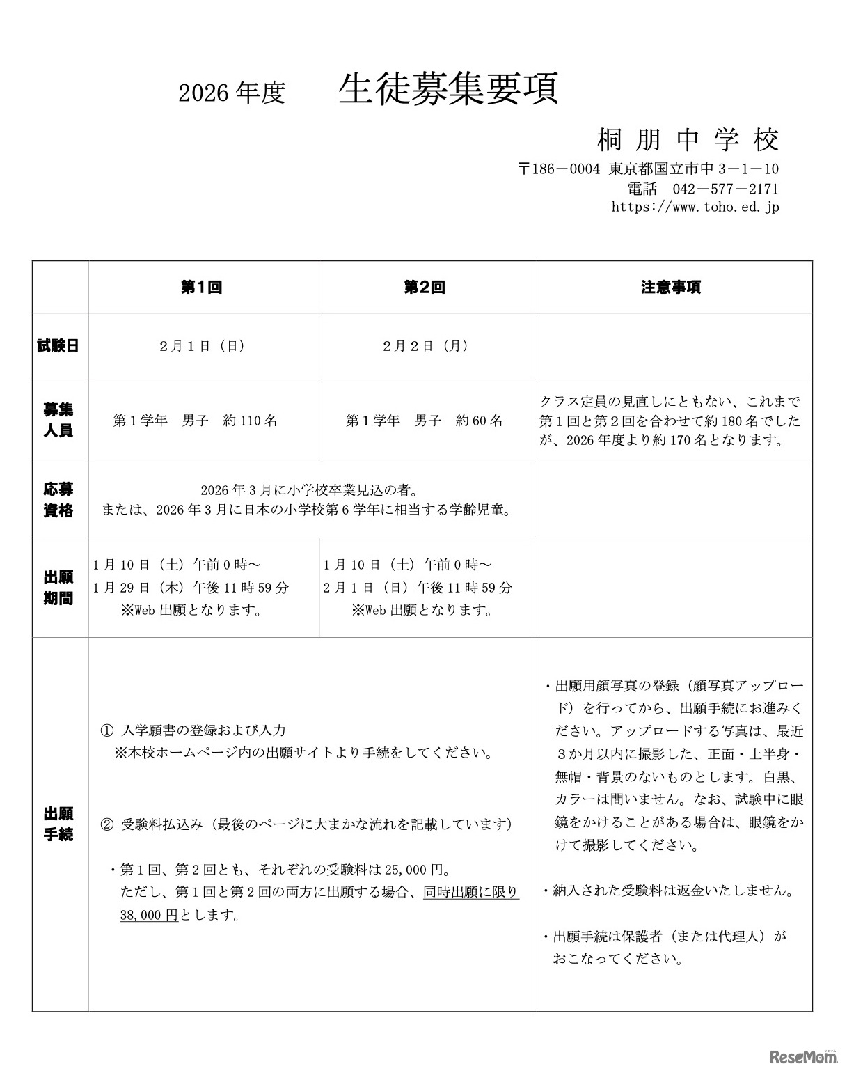 2026年度 生徒募集要項（一部）
