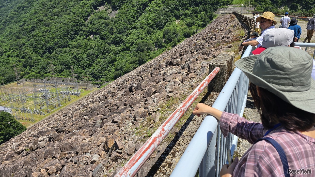 昼食の後の発電所見学では、このロックフィルダムを下から見上げる