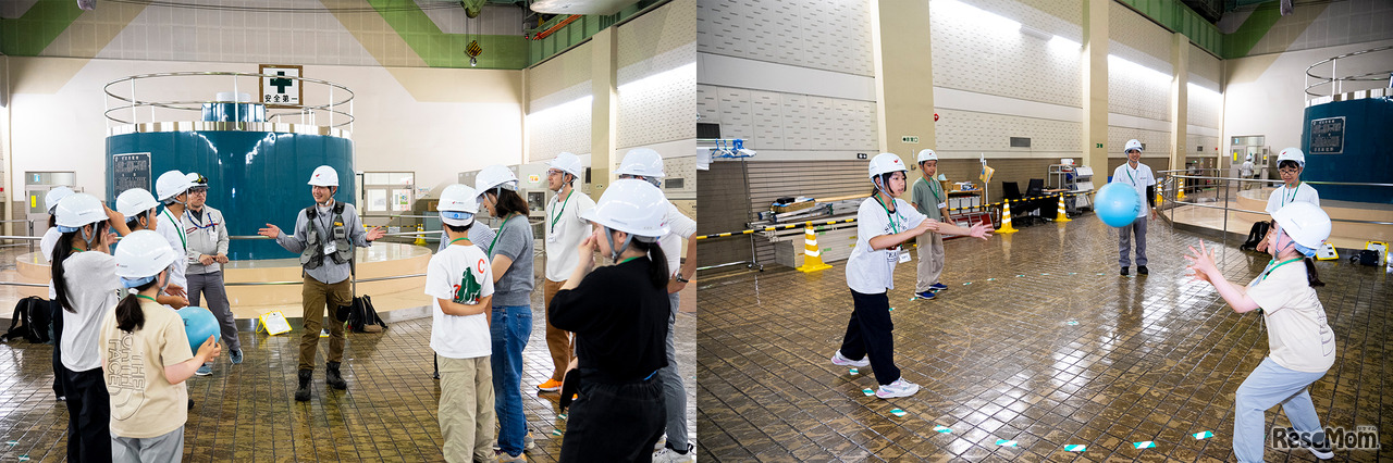 水車を回転させるためには大量の水と流れ落ちる高さが必要。体を使ったボール回しゲームから重厚な水車発電機を動かす「水力」を想像した