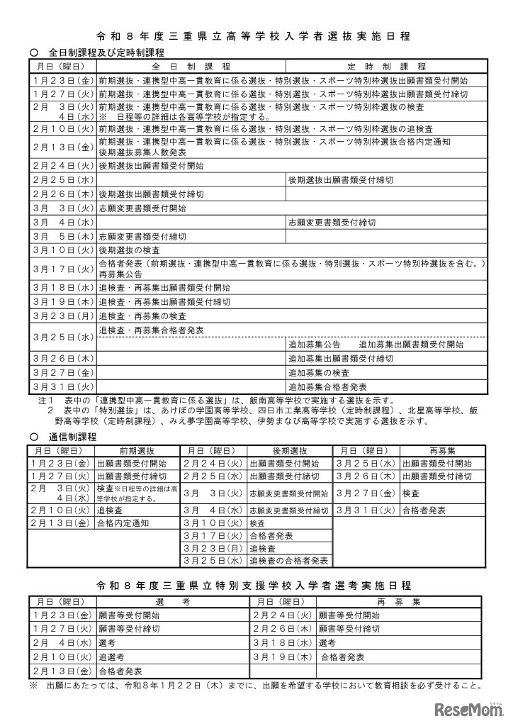 令和8年度三重県立高等学校入学者選抜実施日程