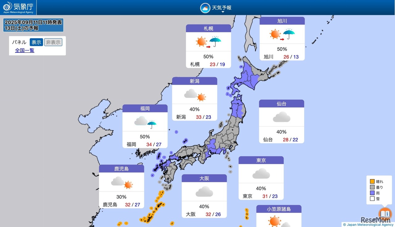 2025年9月13日の全国の天気予報（2025年9月11日11時発表）