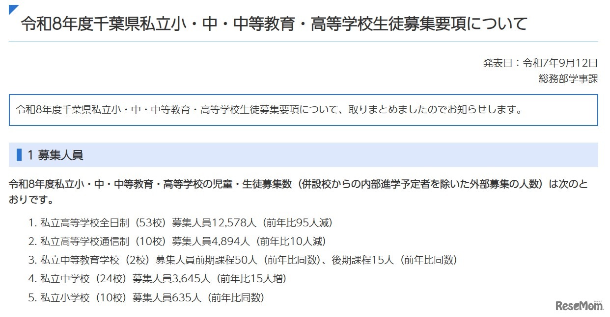 令和8年度千葉県私立小・中・中等教育・高等学校生徒募集要項を公表