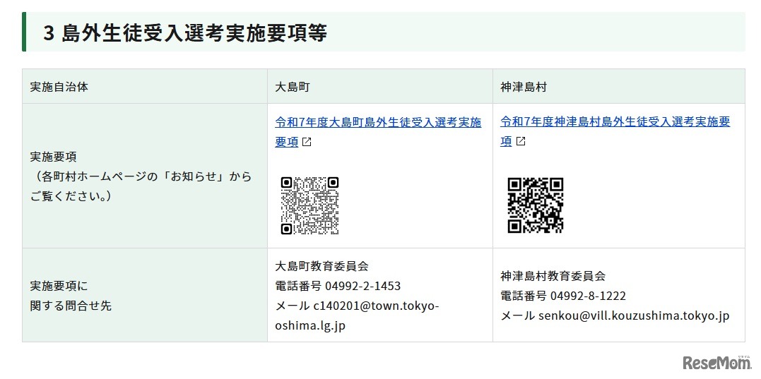 島外生徒受入選考実施要項など