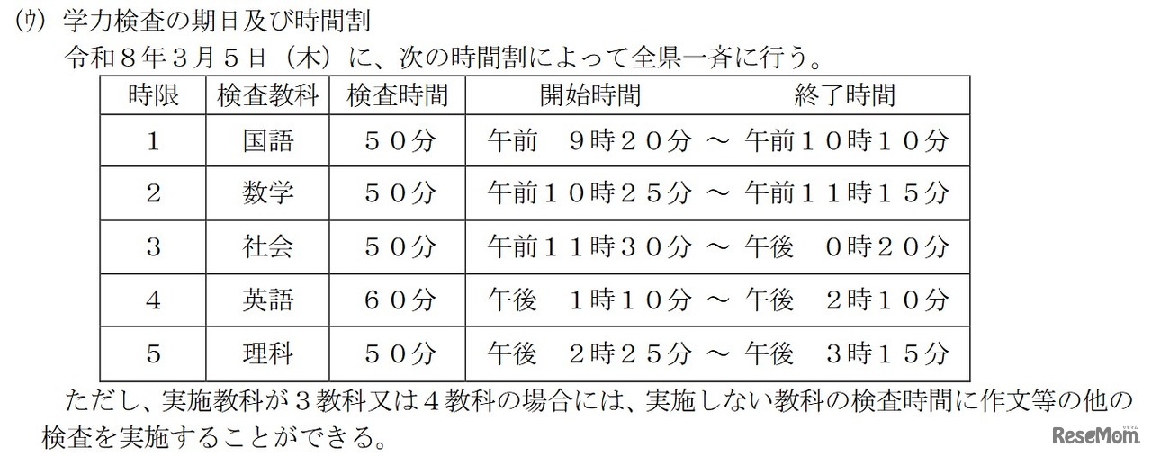 学力検査の期日・時間割