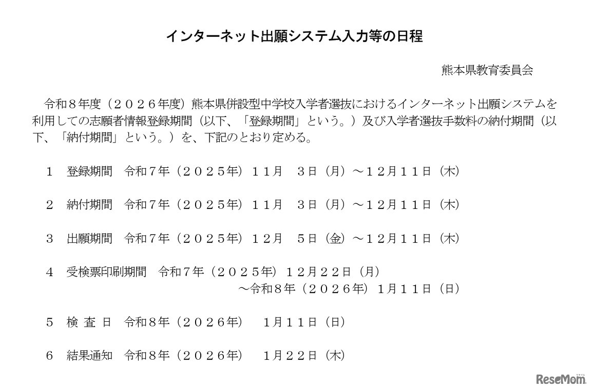 インターネット出願システム入力等の日程