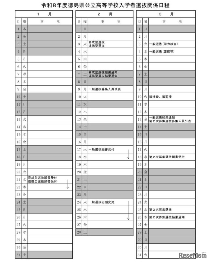 2026年度徳島県公立高等学校入学者選抜関係日程