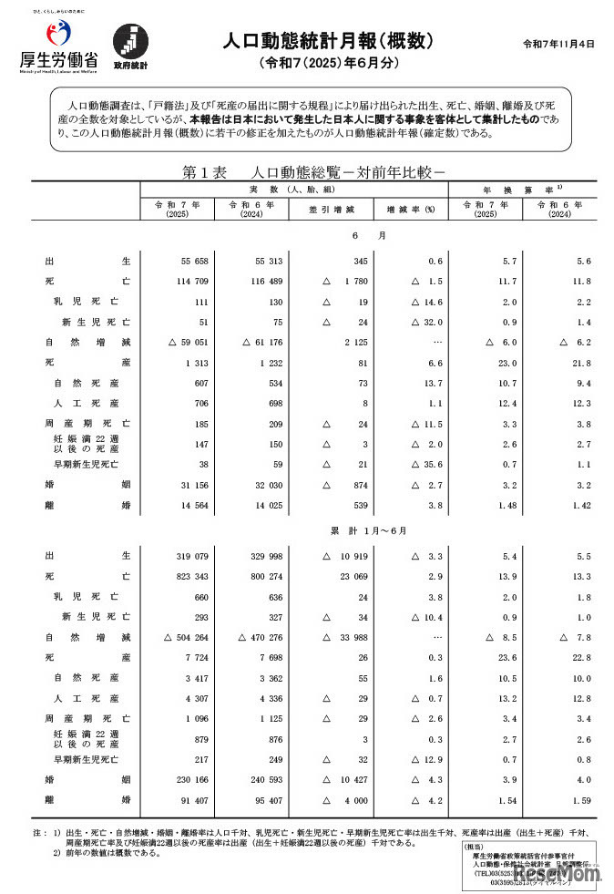 人口動態統計月報（概数）2025年11月4日公表（2025年6月分）