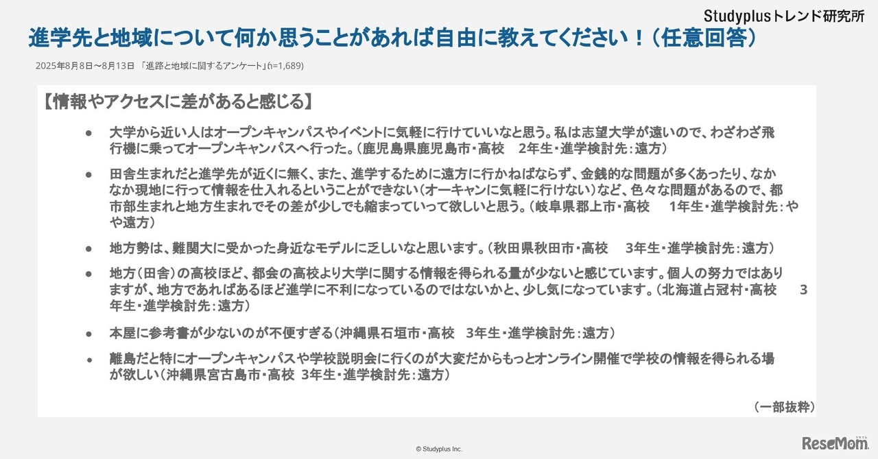 進学先と地域について何か思うことがあれば自由に教えてください